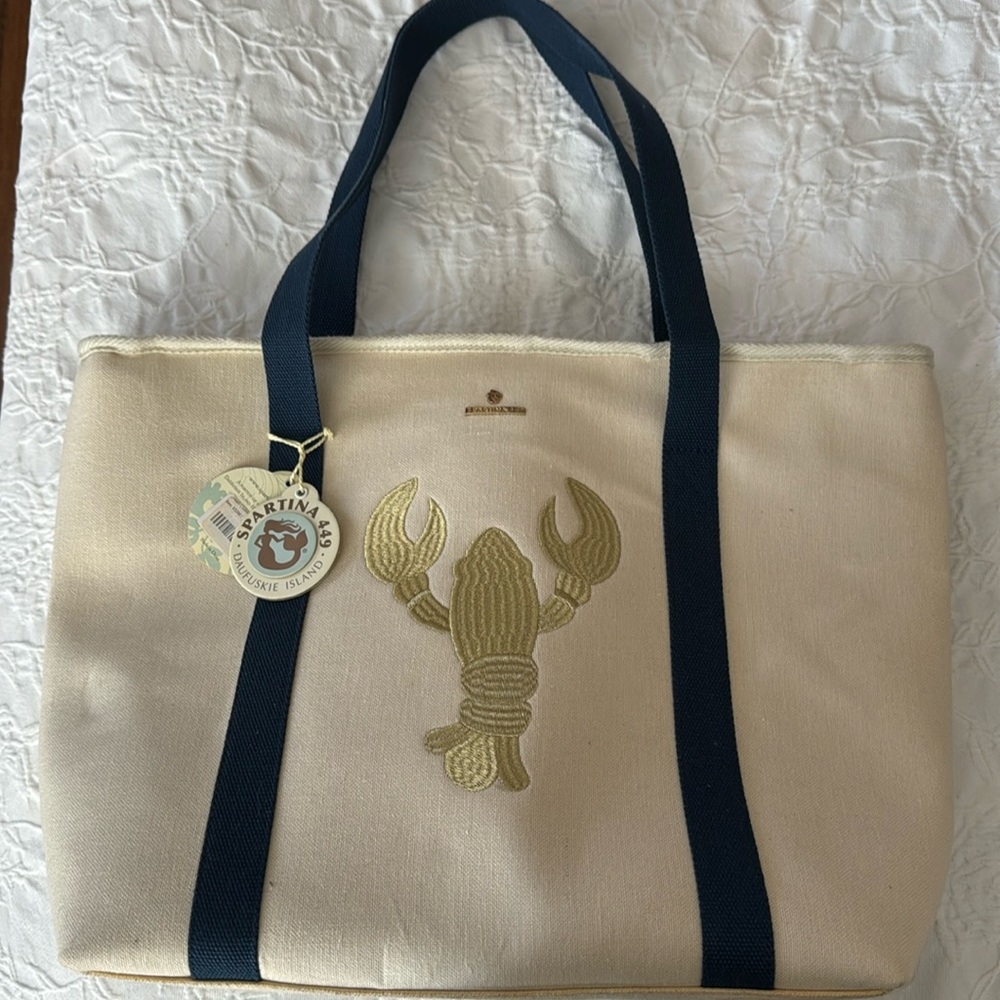 Spartina 449 NWTS Gold Lobster Cooler Tote Cream with Navy Band Strap 🌴🌴🌴